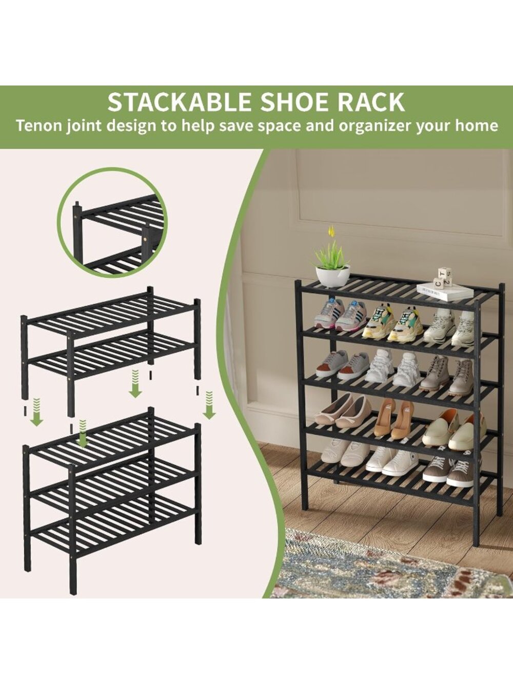 New CRAFT 3 Tier Bamboo Shoe Rack for Closet Free Standing Wood Shoe - Picture 5 of 6